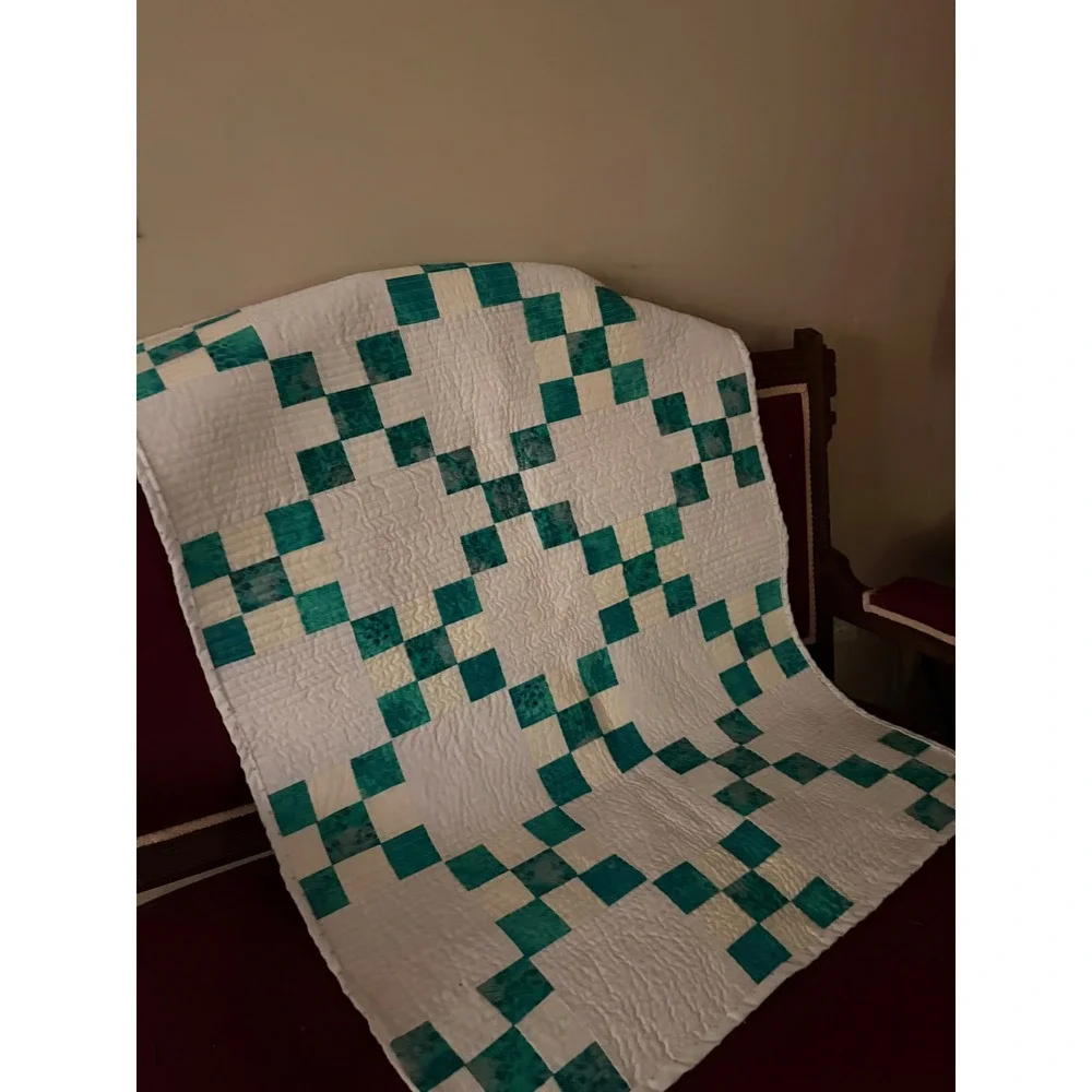Handmade Irish Chain Patchwork Quilt Teal White Floral Reverse Cottagecore Throw